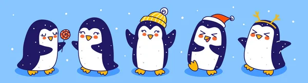 Маленькі Пінгвіни Межують Синьому Фоні Персонажі Карикатур Забавних Свят Різдва — стоковий вектор