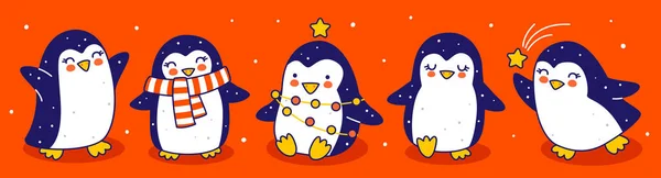 Cute Little Penguins Border Red Background Postacie Kreskówek Dla Zabawnych — Wektor stockowy