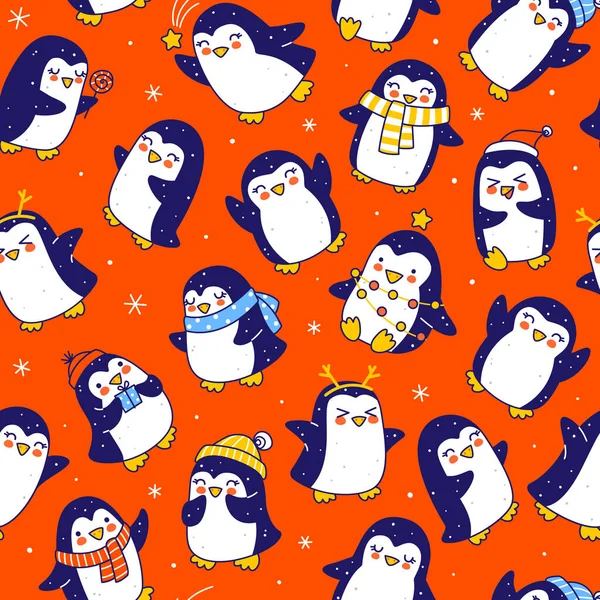 赤いかわいいペンギンとシームレスなパターン 面白いクリスマスやお正月のテキスタイルや包装紙のデザインのための漫画のキャラクターの背景 — ストックベクタ