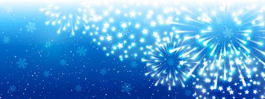 Mavi arka planda parlak havai fişekler - Noel ve Yeni Yıl için yatay panoramik pankart