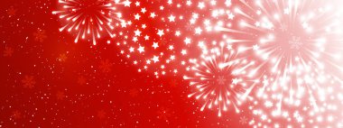 Kırmızı arka planda parlak havai fişekler - Noel ve Yeni Yıl için yatay panoramik pankart