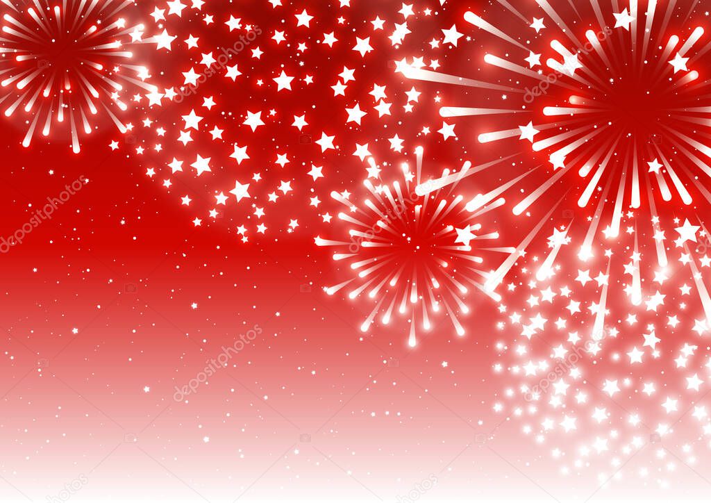 Festive greeting card with fireworks on starry red background