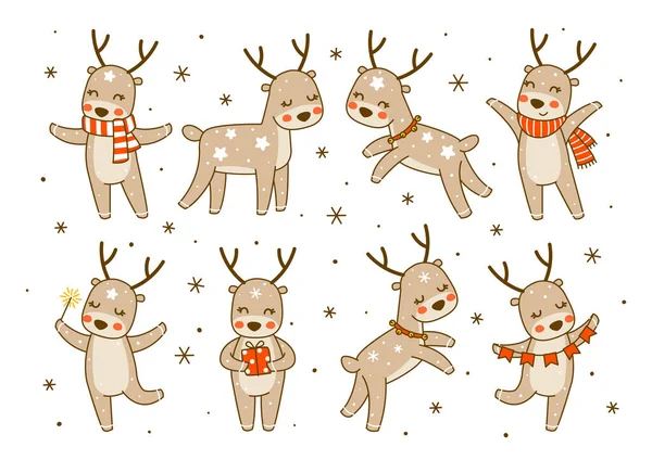 Conjunto Cervos Bonitos Pequenos Isolados Fundo Branco Personagens Desenhos Animados — Vetor de Stock