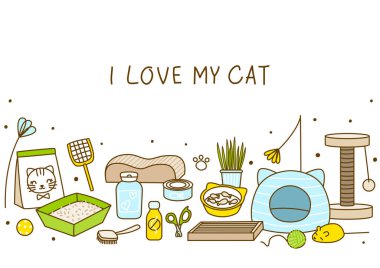 Beyaz arabaya izole edilmiş şirin kedi eşyalarıyla yatay kenar
