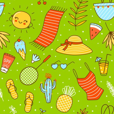 Seamless pattern with cute summer items on green - cartoon background for happy beach design