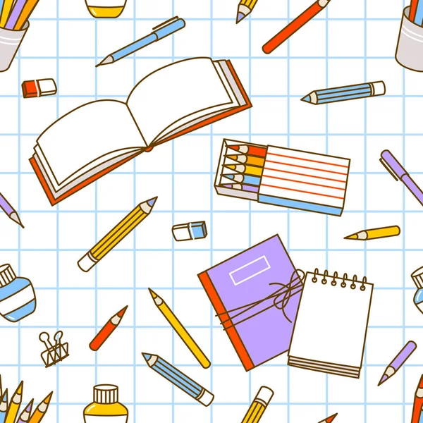 Seamless Pattern School Art Supplies Notebooks Pens Drawing Pencils Cartoon — Stok Vektör