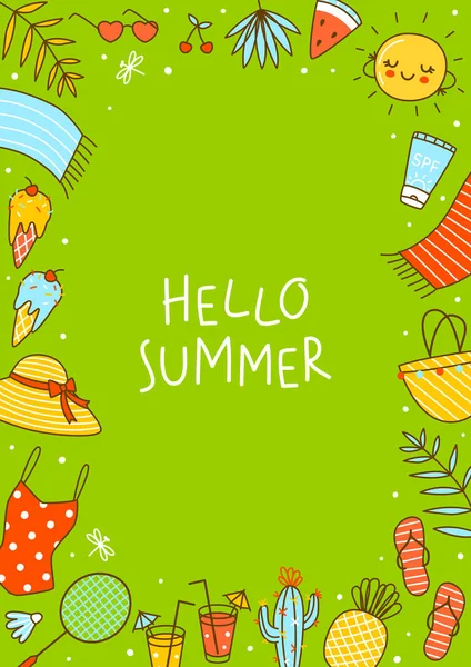 Vertical Frame Background Cute Summer Items Green Background Cartoon Objects — Διανυσματικό Αρχείο