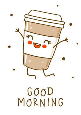 Cute jumping coffee cup isolated on white - cartoon character for happy design