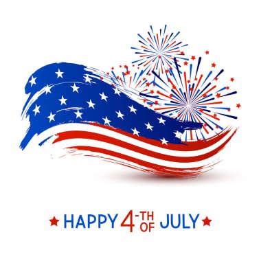 Independence day greeting card with sketch of American flag and fireworks on white backgroun
