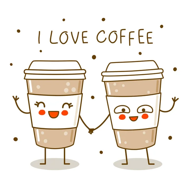 Cute Coffee Cups Isolated White Cartoon Characters Funny Design — Wektor stockowy