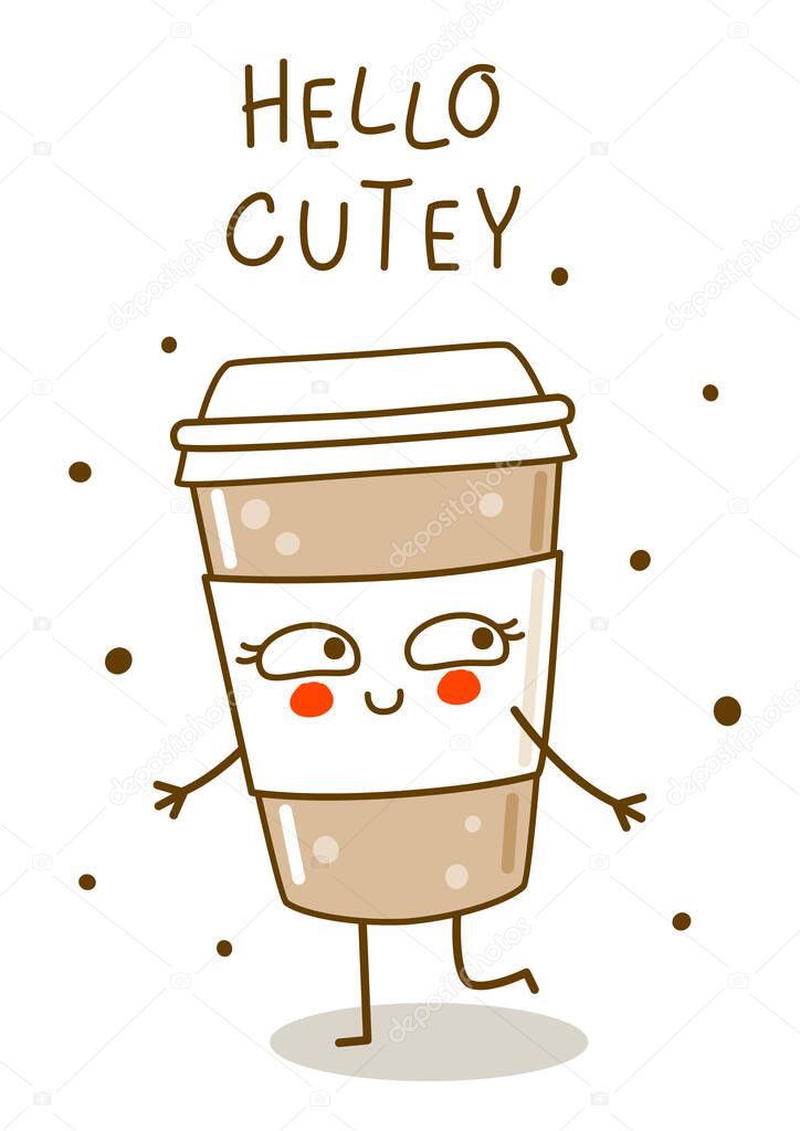 Cute coffee cup isolated on white - cartoon character for happy design