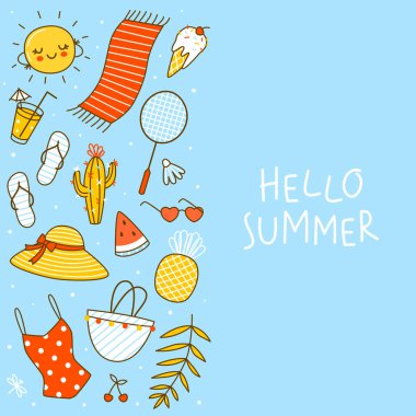 Border background with cute summer items isolated on blue - cartoon objects for happy beach design