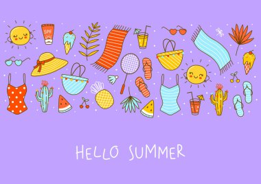 Border background with cute summer items isolated on purple - cartoon objects for happy beach design