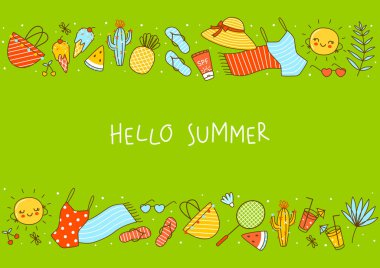 Border background with cute summer items on green - cartoon objects for happy beach design