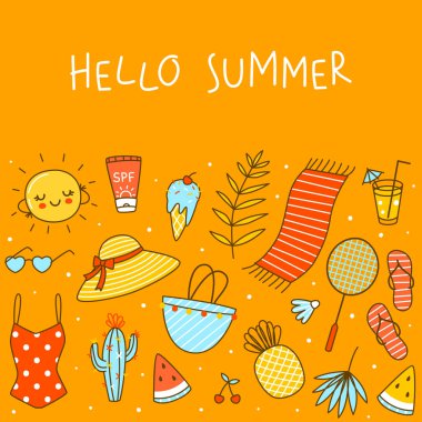 Border background with cute summer items on orange - cartoon objects for happy beach design