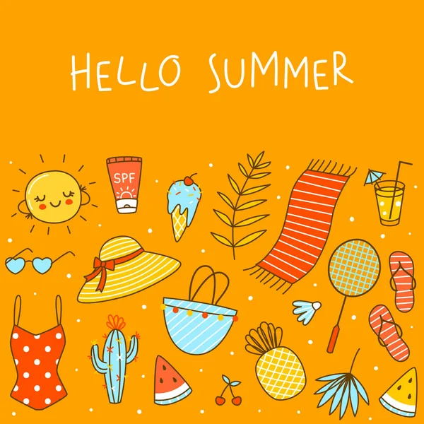 Border Background Cute Summer Items Orange Cartoon Objects Happy Beach — Stockvector