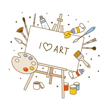 Group of art supplies isolated on white - easel, paints, watercolor, palette, brushes - cartoon objects for happy art design
