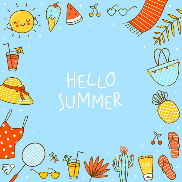 Frame Background Cute Summer Items Blue Cartoon Objects Happy Beach — Vetor de Stock