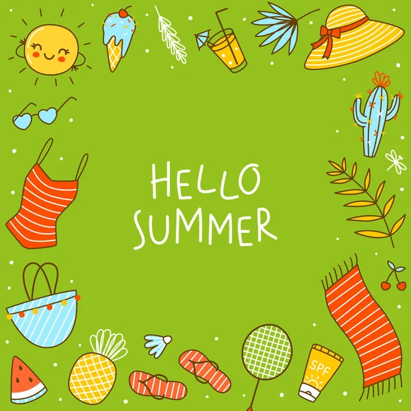 Frame Background Cute Summer Items Green Background Cartoon Objects Happy — Stockový vektor