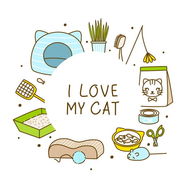 Frame Cute Cat Items Isolated White Cartoon Objects Happy Pet —  Vetores de Stock