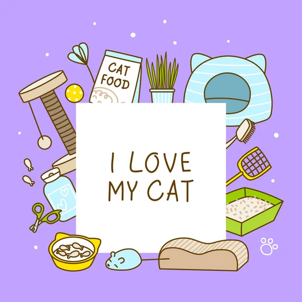 Frame Cute Cat Items Purple Background Cartoon Objects Happy Pet — Vettoriale Stock