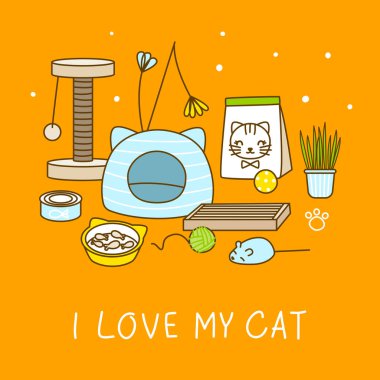 Group of cute cat items on orange background - cartoon objects for happy pet design