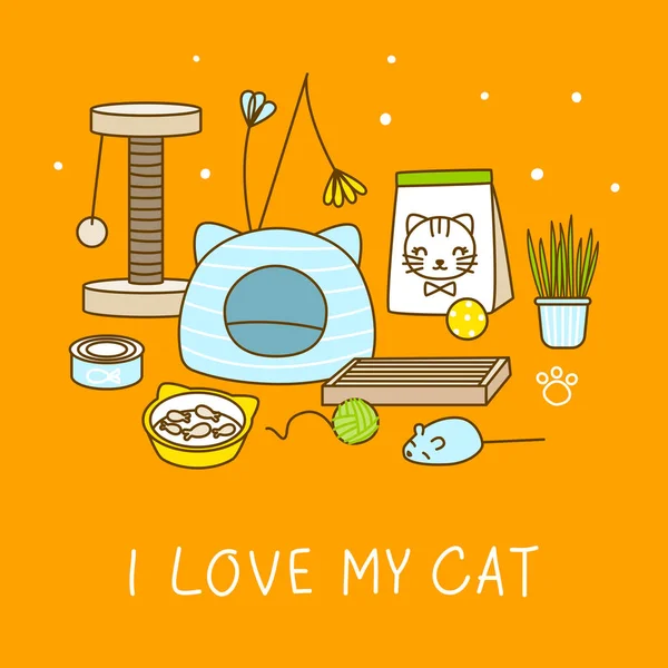 Group Cute Cat Items Orange Background Cartoon Objects Happy Pet — Stockvector