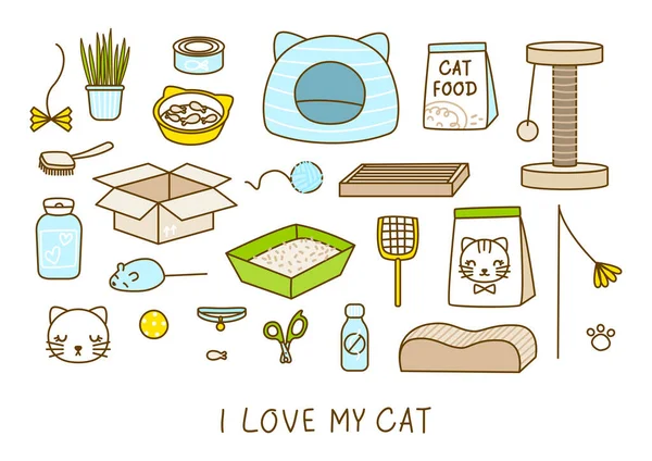 Set Cute Cat Items Isolated White Cartoon Objects Happy Pet — Stockvector