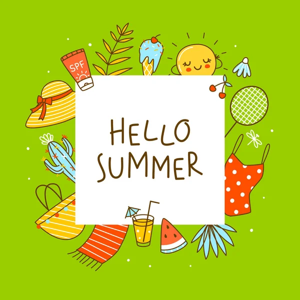 Frame Background Cute Summer Items Green Cartoon Objec — Vettoriale Stock