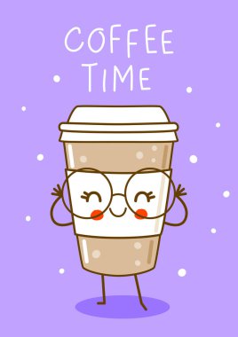 Mor arka planda şirin bir kahve fincanı. Kahve için çizgi film karakteri.