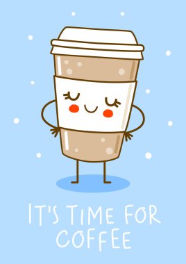 Mavi arka planda şirin bir kahve fincanı. Kahvenin çizgi film karakteri.