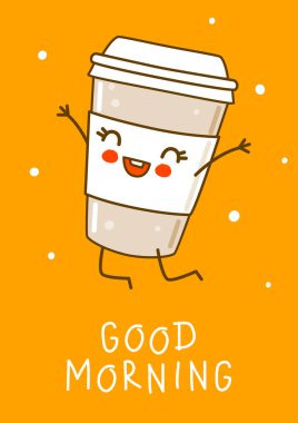 Turuncu arka planda şirin zıplayan kahve fincanı. Kahvenin çizgi film karakteri.