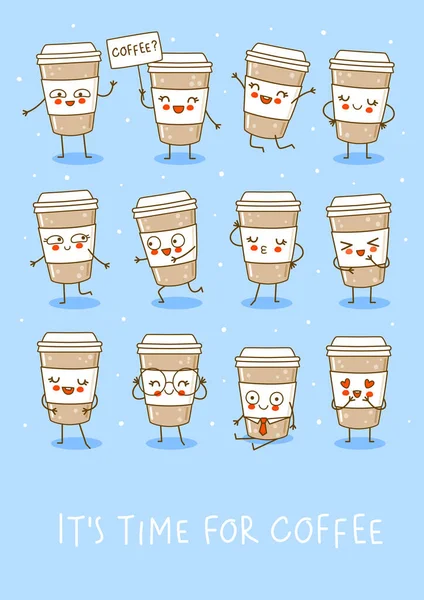 Mavi Arkaplanda Sevimli Kahve Fincanları Komik Poster Tasarımı Için Çizgi — Stok Vektör