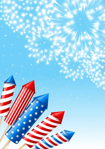 Independence Day Vertical Banner Fireworks Rockets Blu Sky Background — Stock Vector