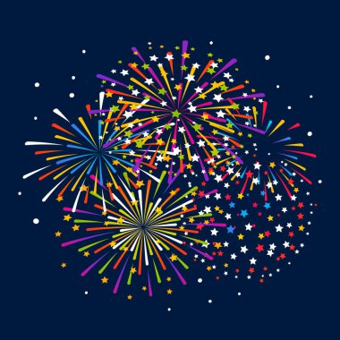 Yıldönümü tatili tasarımı için gece gökyüzü arka planında havai fişek grubu