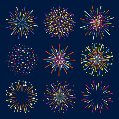 Yıldönümü için gökyüzü arka planında havai fişek seti