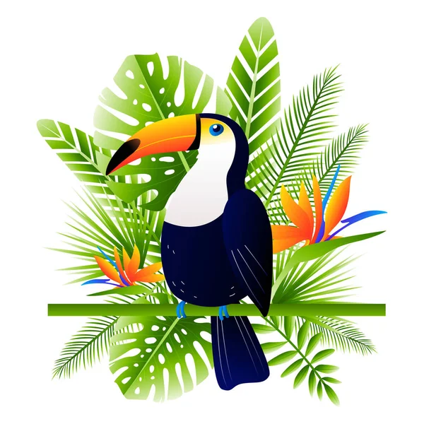 Oiseau Toucan Lumineux Avec Des Feuilles Tropicales Des Fleurs Pour — Image vectorielle