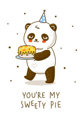 Sevimli panda tatlı pastayla beyaz karikatür karakteri mutlu yıllar tasarımı için izole edilmiş