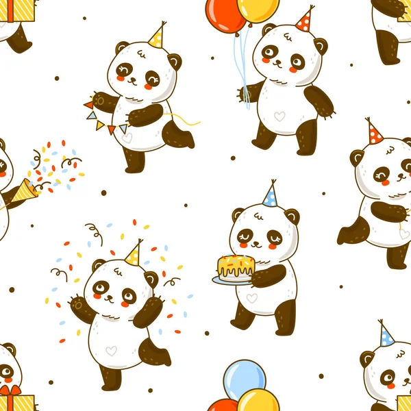 Seamless Pattern Cute Panda Bears Isolated White Cartoon Background Happy — Διανυσματικό Αρχείο