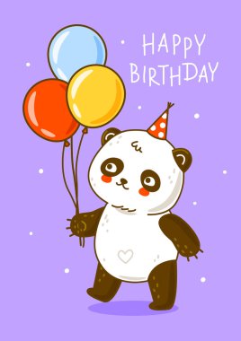 Mor arka planda balonları olan şirin bir panda. Mutlu yıllar tasarımı için çizgi film karakteri.