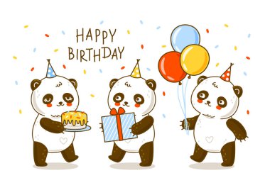 Tatlı pasta ve hediyeli şirin pandalar ve beyaz üzerine izole edilmiş balonlar. Doğum günü tebrik kartı tasarımı için çizgi film karakterleri.
