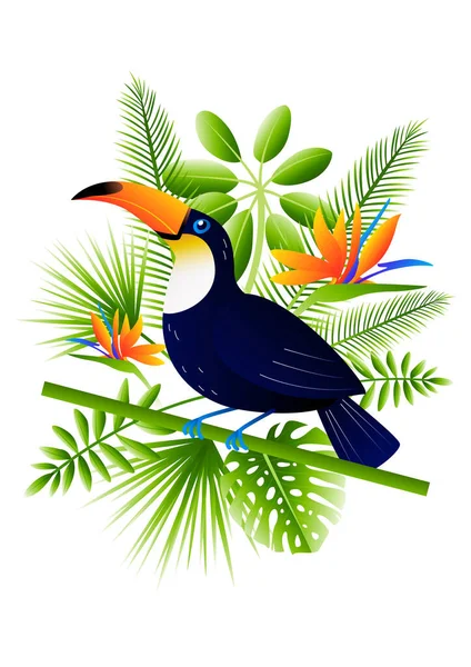 Oiseau Toucan Lumineux Aux Feuilles Fleurs Tropicales Pour Votre Design — Image vectorielle