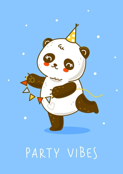 Niedlicher Pandabär Mit Parteifahnen Auf Blauem Hintergrund Comicfigur Für Happy — Stockvektor