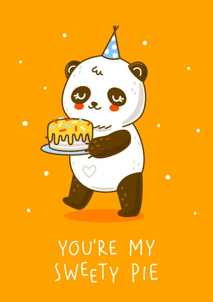 Netter Pandabär Mit Süßem Kuchen Auf Orangefarbenem Hintergrund Comicfigur Für — Stockvektor