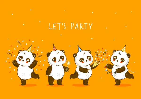 Lindos Osos Panda Borde Sobre Fondo Naranja Personajes Dibujos Animados — Vector de stock
