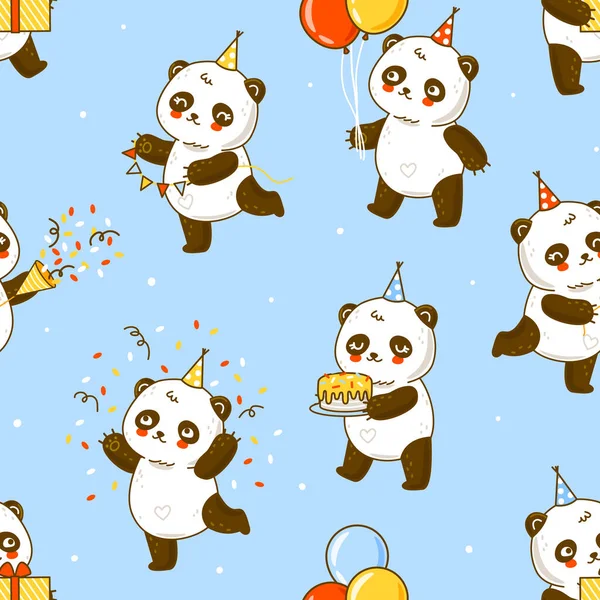 Naadloos Patroon Met Schattige Panda Beren Blauwe Achtergrond Cartoon Achtergrond — Stockvector