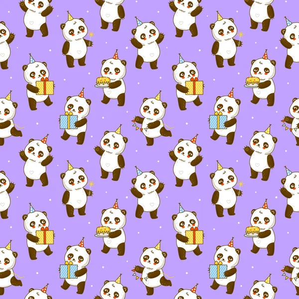 Seamless Pattern Cute Panda Bears Purple Cartoon Background Happy Birrthday — Διανυσματικό Αρχείο