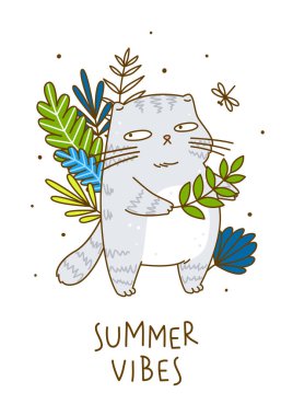 Yaprakları olan sevimli gri kedi. Yazın poster tasarımı için çizgi film karakteri.