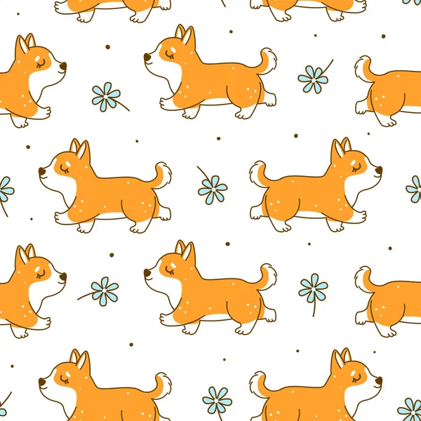 Padrão Sem Costura Com Corgi Bonito Flores Fundo Dos Desenhos — Vetor de Stock