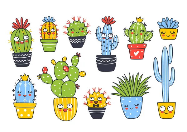 Conjunto Lindas Plantas Cactus Casa Aisladas Blanco Objetos Dibujos Animados — Vector de stock